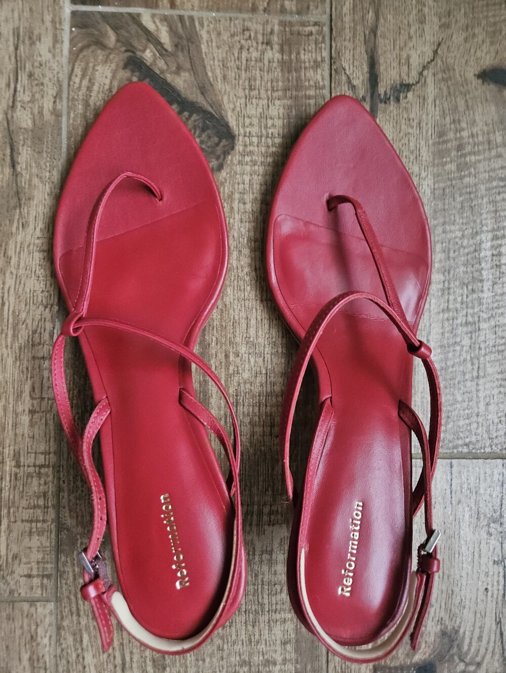 reformation red strappy kitten heel sandals, 9.5